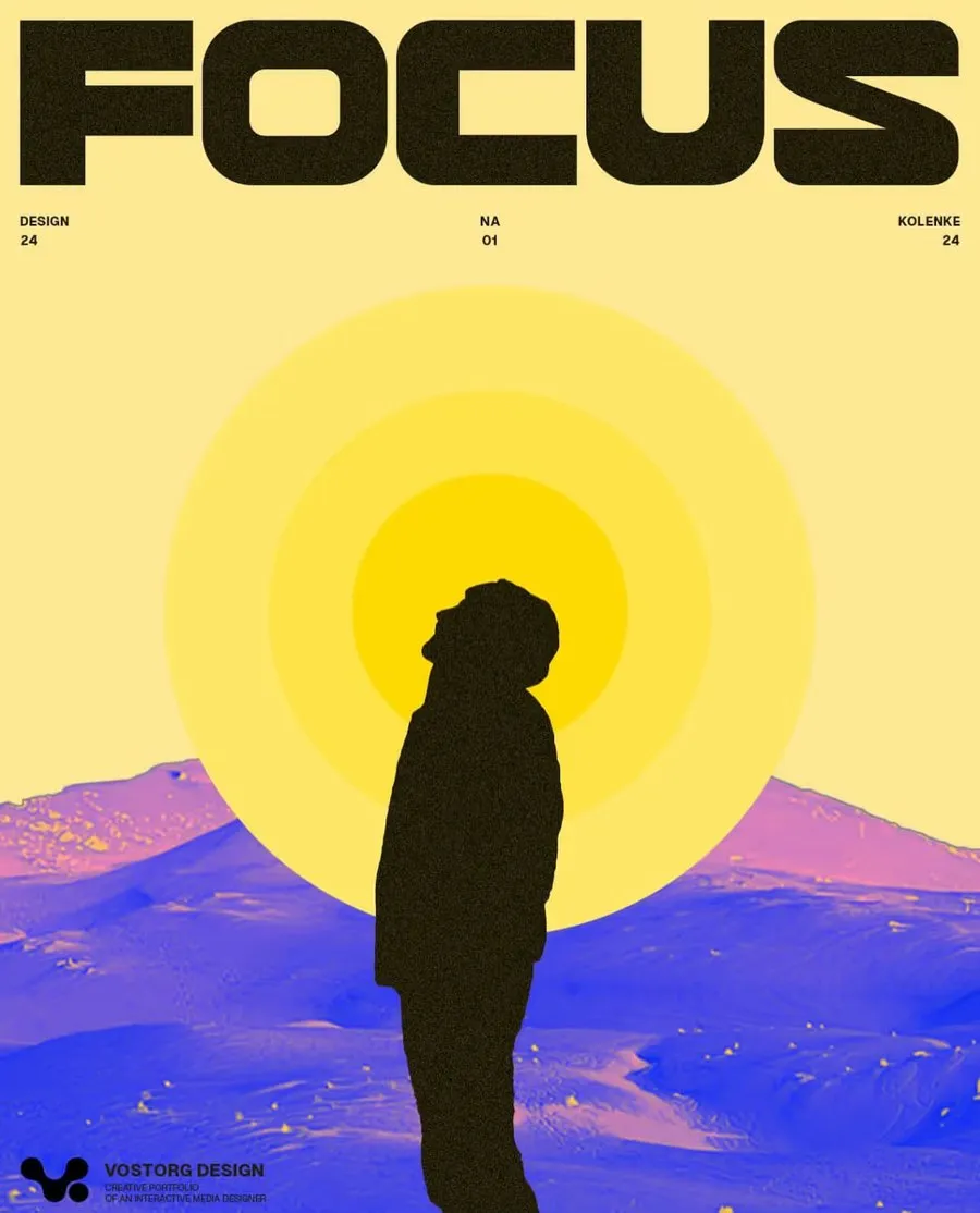 Focus, gelbes Poster, eine Silhouette vor einer Sonne